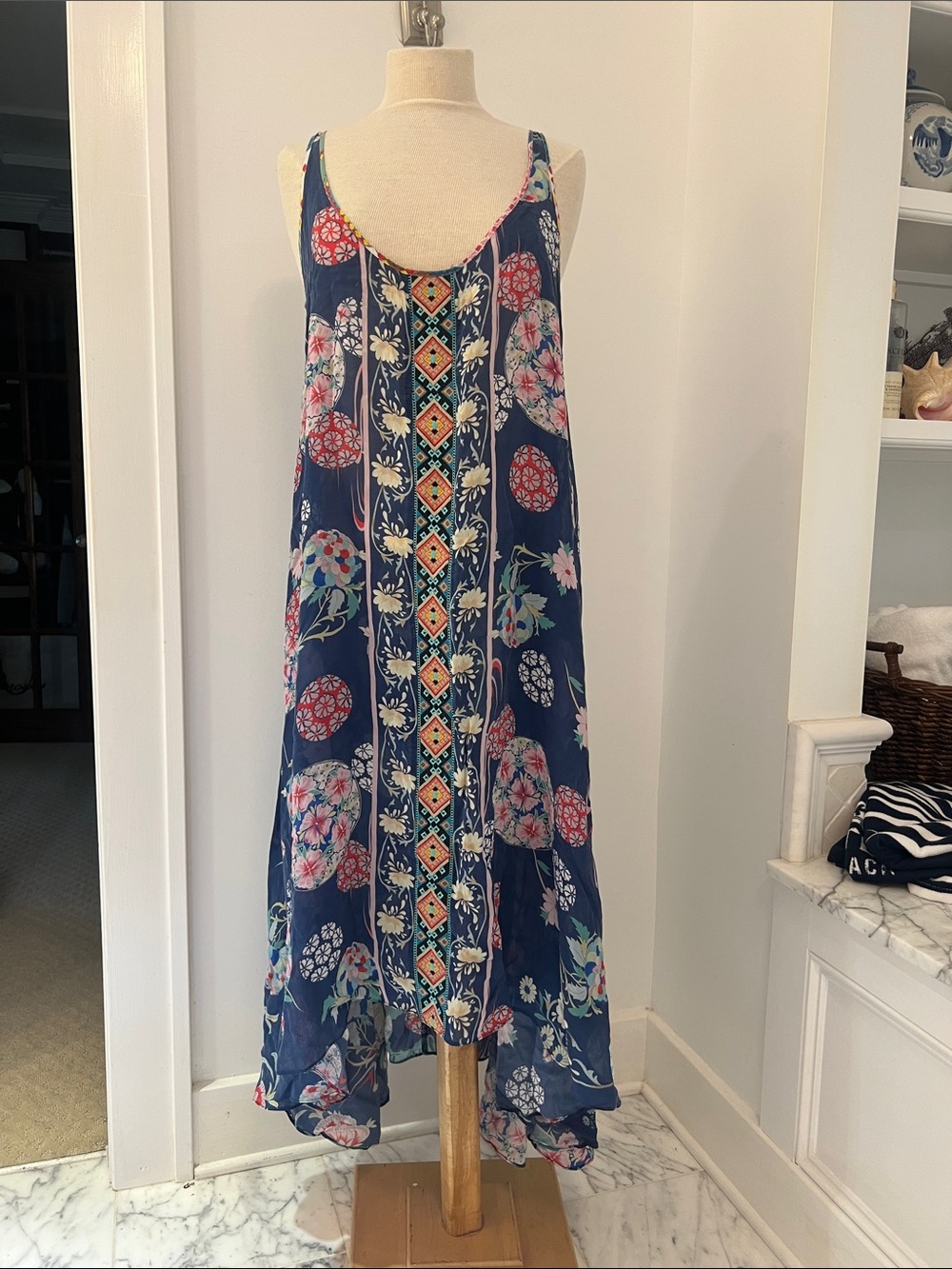 Johnny Was Navy Floral Boho Maxi Dress with Embroidered Trim Size XL
